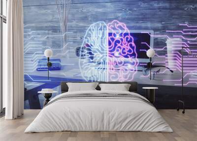 Double exposure of brain drawing and office interior background. Concept of data technology. Wall mural