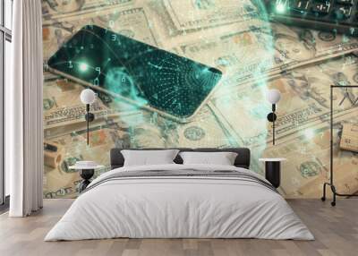 Double exposure of brain drawing over us dollars bill background. Technology concept. Wall mural