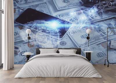 Double exposure of brain drawing over us dollars bill background. Technology concept. Wall mural