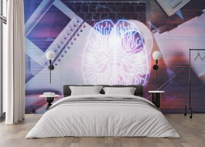 Double exposure of brain drawing over work table desktop. Top view. Global data analysis concept. Wall mural