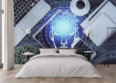 Double exposure of brain drawing over work table desktop. Top view. Global data analysis concept. Wall mural