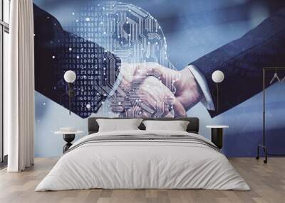 Double exposure of brain hologram and handshake of two men. Partnership in IT industry concept. Wall mural