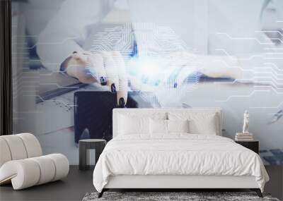 Double exposure of brain sketch hologram and woman holding and using a mobile device. Wall mural