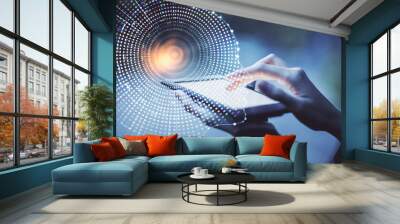 Double exposure of brain sketch hologram and woman holding and using a mobile device. Wall mural