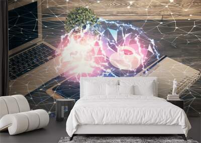 Double exposure of brain theme drawing and cell phone background. Concept of information Wall mural