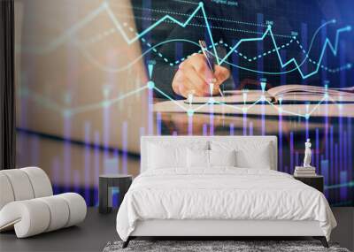 Double exposure of businessman with laptop and stock market forex chart. Wall mural