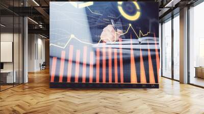 Double exposure of businessman with laptop and stock market forex chart. Wall mural