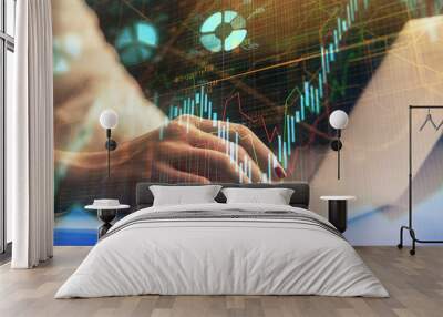 Double exposure of businesswoman hands typing on computer and forex chart hologram drawing. Financial analysis concept. Wall mural