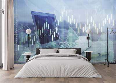 Double exposure of chart and financial info and work space with computer background. Concept of international online trading. Wall mural