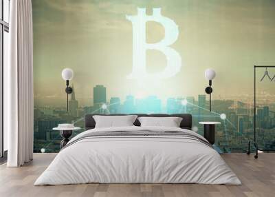 Double exposure of crypto currency theme hologram drawing and city veiw background. Concept of blockchain and bitcoin. Wall mural