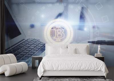 Double exposure of crypto technology drawing and desktop with coffee and items on table background. Concept of blockchain Wall mural