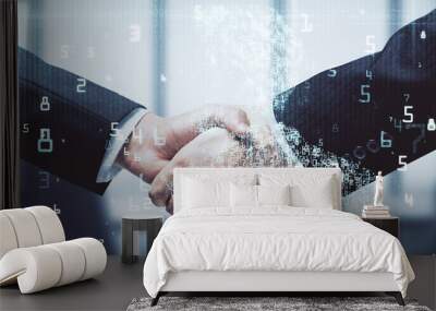 Double exposure of data theme hologram and handshake of two men. Partnership in IT industry concept. Wall mural