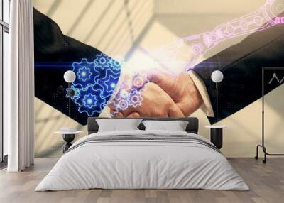 Double exposure of data theme hologram and handshake of two men. Partnership in IT industry concept. Wall mural