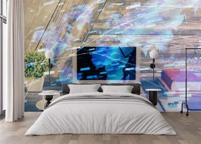 Double exposure of desktop computer and technology theme hologram. Concept of software development. Wall mural