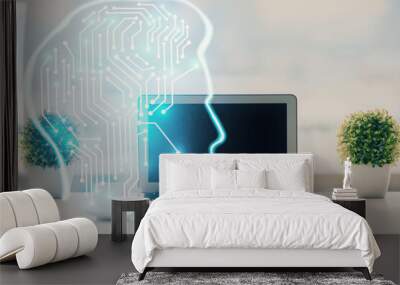 Double exposure of desktop with computer and brain drawing hologram. Artificial intelligence concept. Wall mural