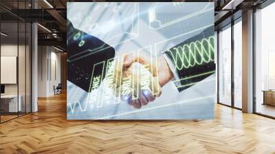 Double exposure of education theme hologram and handshake of two men. Wall mural