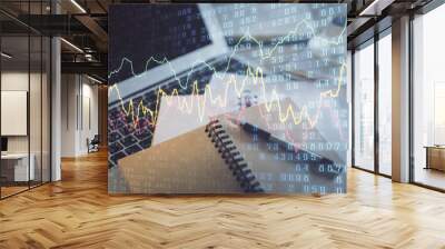 Double exposure of financial chart drawing and desktop with coffee and items on table background. Concept of forex market trading Wall mural