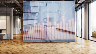 Double exposure of financial chart drawing and desktop with coffee and items on table background. Concept of forex market trading Wall mural