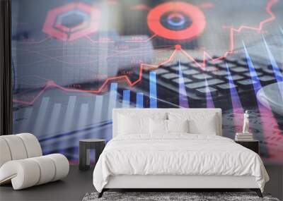 Double exposure of financial chart drawings and desk with open notebook background. Concept of forex market Wall mural