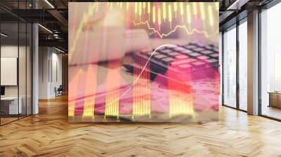 Double exposure of financial chart drawings and desk with open notebook background. Concept of forex market Wall mural