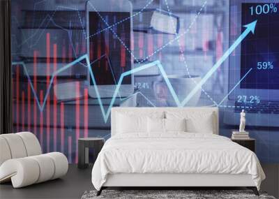 Double exposure of financial graph drawing and cell phone background. Concept of forex trading Wall mural