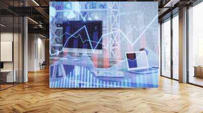 Double exposure of financial graph drawing and office interior background. Concept of stock market. Wall mural