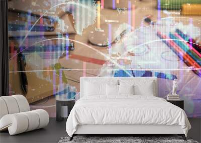 Double exposure of financial theme drawing and cell phone background. Concept of business Wall mural