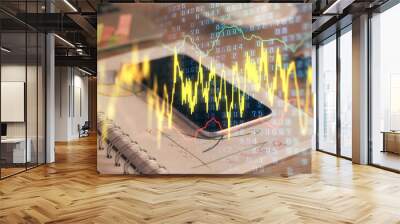 Double exposure of forex chart drawing and cell phone background. Concept of financial data analysis Wall mural