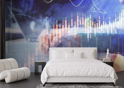 Double exposure of forex chart drawing over people taking notes background. Concept of financial analysis Wall mural