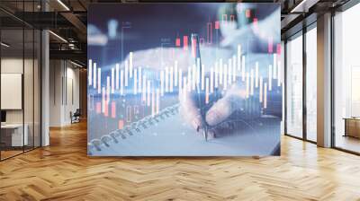 Double exposure of forex chart drawing over people taking notes background. Concept of financial analysis Wall mural