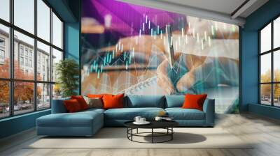 Double exposure of forex chart drawing over people taking notes background. Concept of financial analysis Wall mural