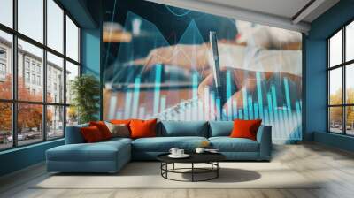 Double exposure of forex chart drawing over people taking notes background. Concept of financial analysis Wall mural