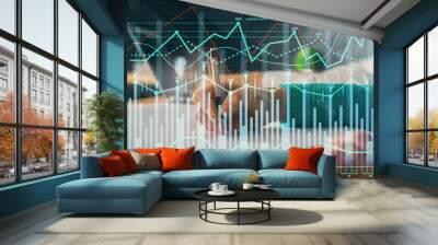 Double exposure of forex chart drawing over people taking notes background. Concept of financial analysis Wall mural