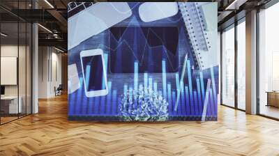 Double exposure of forex chart hologram over desktop with phone. Top view. Mobile trade platform concept. Wall mural