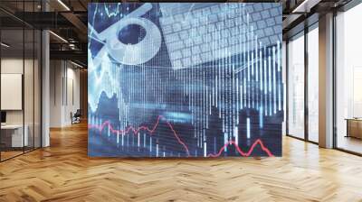 Double exposure of forex chart hologram over desktop with phone. Top view. Mobile trade platform concept. Wall mural