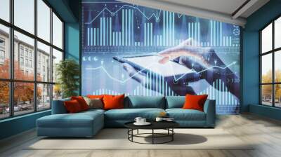 Double exposure of forex chart sketch hologram and woman holding and using a mobile device. Financial market concept. Wall mural