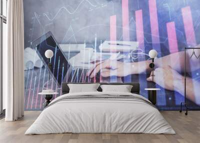 Double exposure of forex chart with man working on computer on background. Concept of market analysis. Wall mural