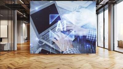 Double exposure of forex chart with man working on computer on background. Concept of market analysis. Wall mural