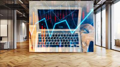 Double exposure of forex graph and work space with computer. Concept of international online trading. Wall mural