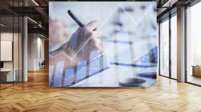 Double exposure of forex graph drawing over people taking notes background. Concept of financial analysis Wall mural