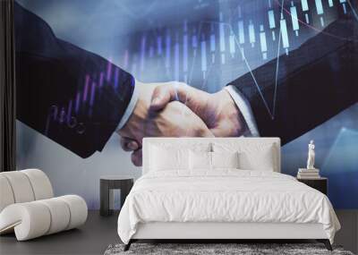 Double exposure of forex graph hologram and handshake of two men. Stock market concept. Wall mural