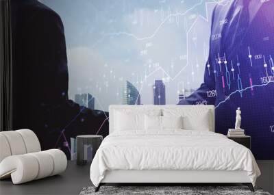 Double exposure of forex graph hologram and handshake of two men. Stock market concept. Wall mural