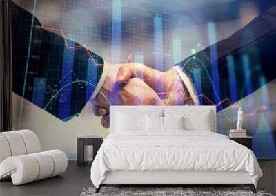 Double exposure of forex graph hologram and handshake of two men. Stock market concept. Wall mural