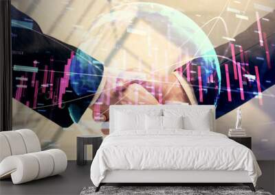 Double exposure of forex graph hologram and handshake of two men. Stock market concept. Wall mural