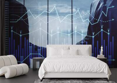 Double exposure of forex graph hologram and handshake of two men. Stock market concept. Wall mural