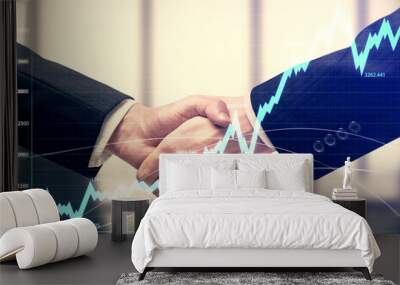 Double exposure of forex graph hologram and handshake of two men. Stock market concept. Wall mural