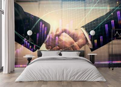 Double exposure of forex graph hologram and handshake of two men. Stock market concept. Wall mural