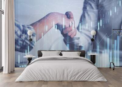 Double exposure of forex graph hologram and handshake of two men. Stock market concept. Wall mural