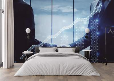 Double exposure of forex graph hologram and handshake of two men. Stock market concept. Wall mural