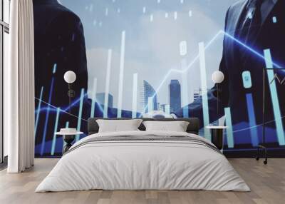 Double exposure of forex graph hologram and handshake of two men. Stock market concept. Wall mural